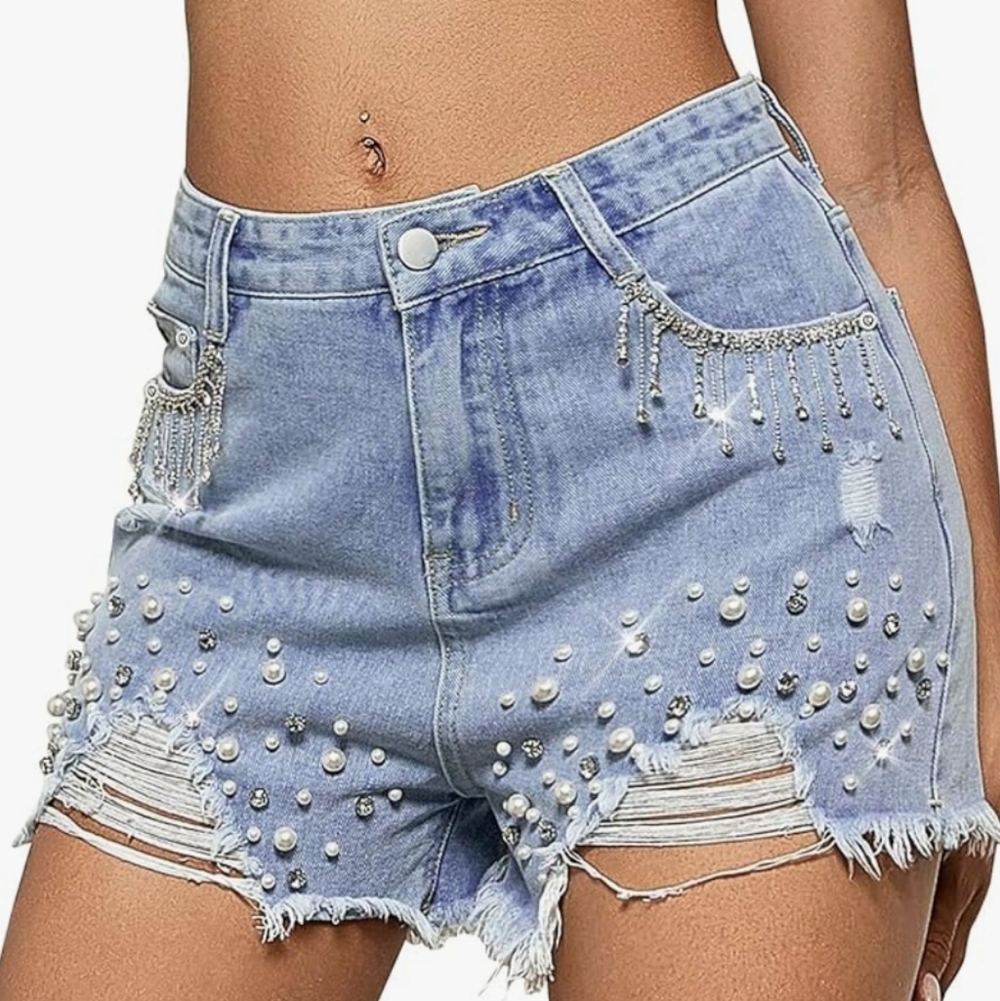 NWT LifeShe Women Denim Short Rhinestone Tassel Jean Short Pearl Beaded Frayed.